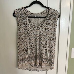 Lucky Brand Cream and Brown Geometric Tank Top